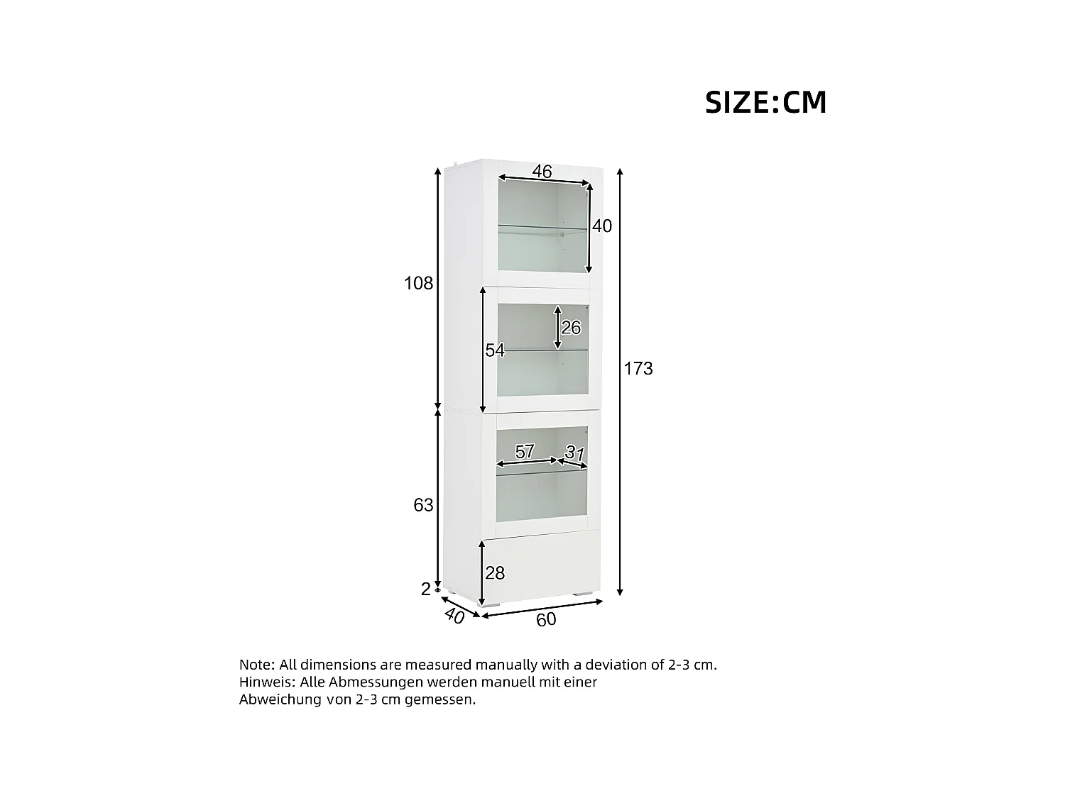 Witte vitrinekast met 3 acryldeuren, 1 lade en LED-verlichting, glazen plank
