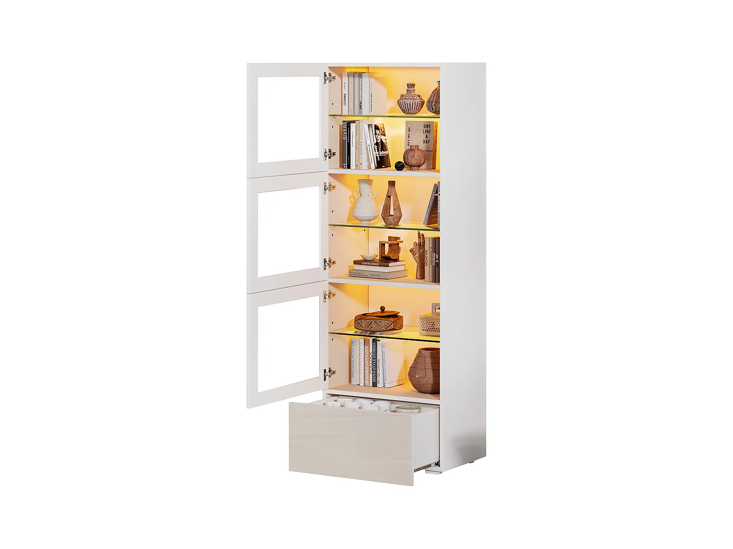 Witte vitrinekast met 3 acryldeuren, 1 lade en LED-verlichting, glazen plank