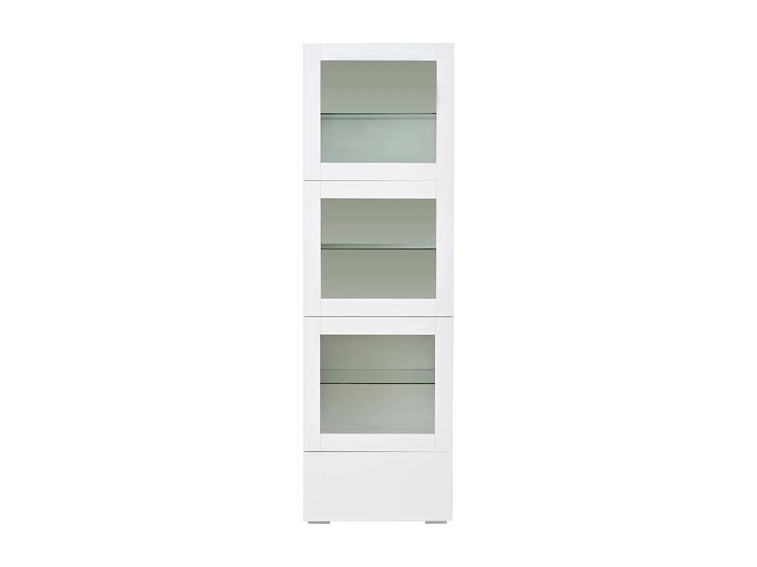 Vitrine blanche avec 3 portes en acrylique, 1 tiroir et éclairage LED, étagère en verre