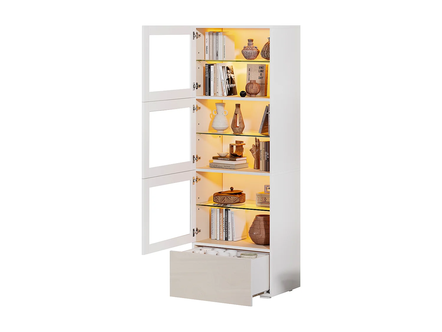 Vitrine blanche avec 3 portes en acrylique, 1 tiroir et éclairage LED, étagère en verre