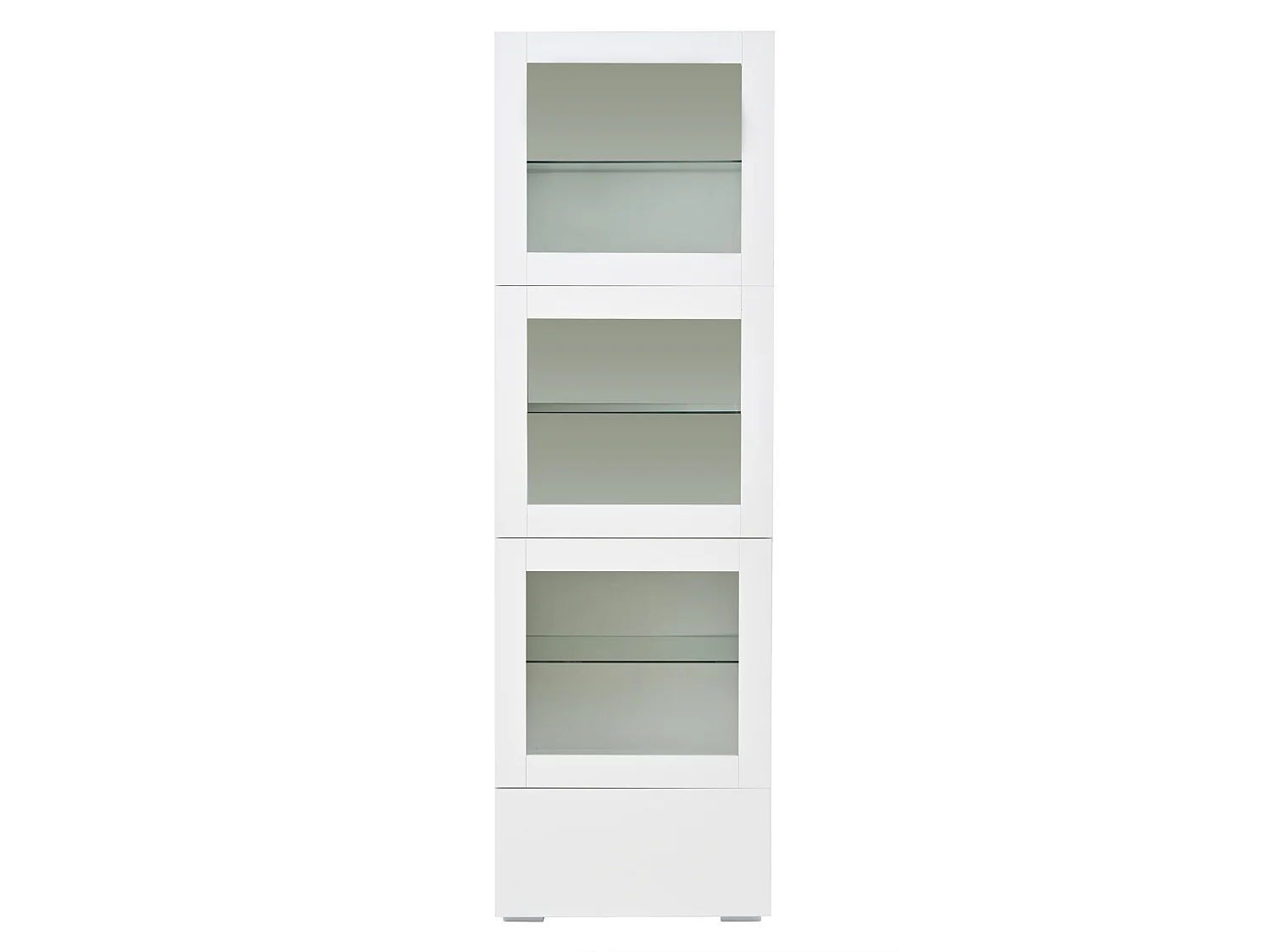 Vitrine blanche avec 3 portes en acrylique, 1 tiroir et éclairage LED, étagère en verre
