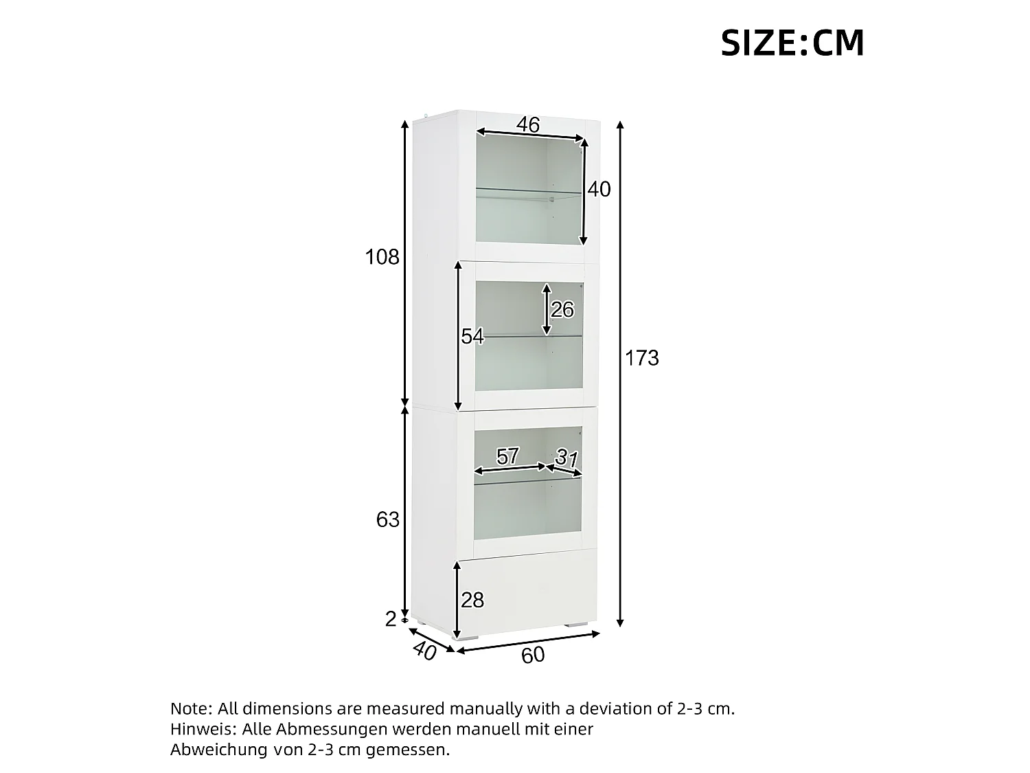 Vitrine blanche avec 3 portes en acrylique, 1 tiroir et éclairage LED, étagère en verre