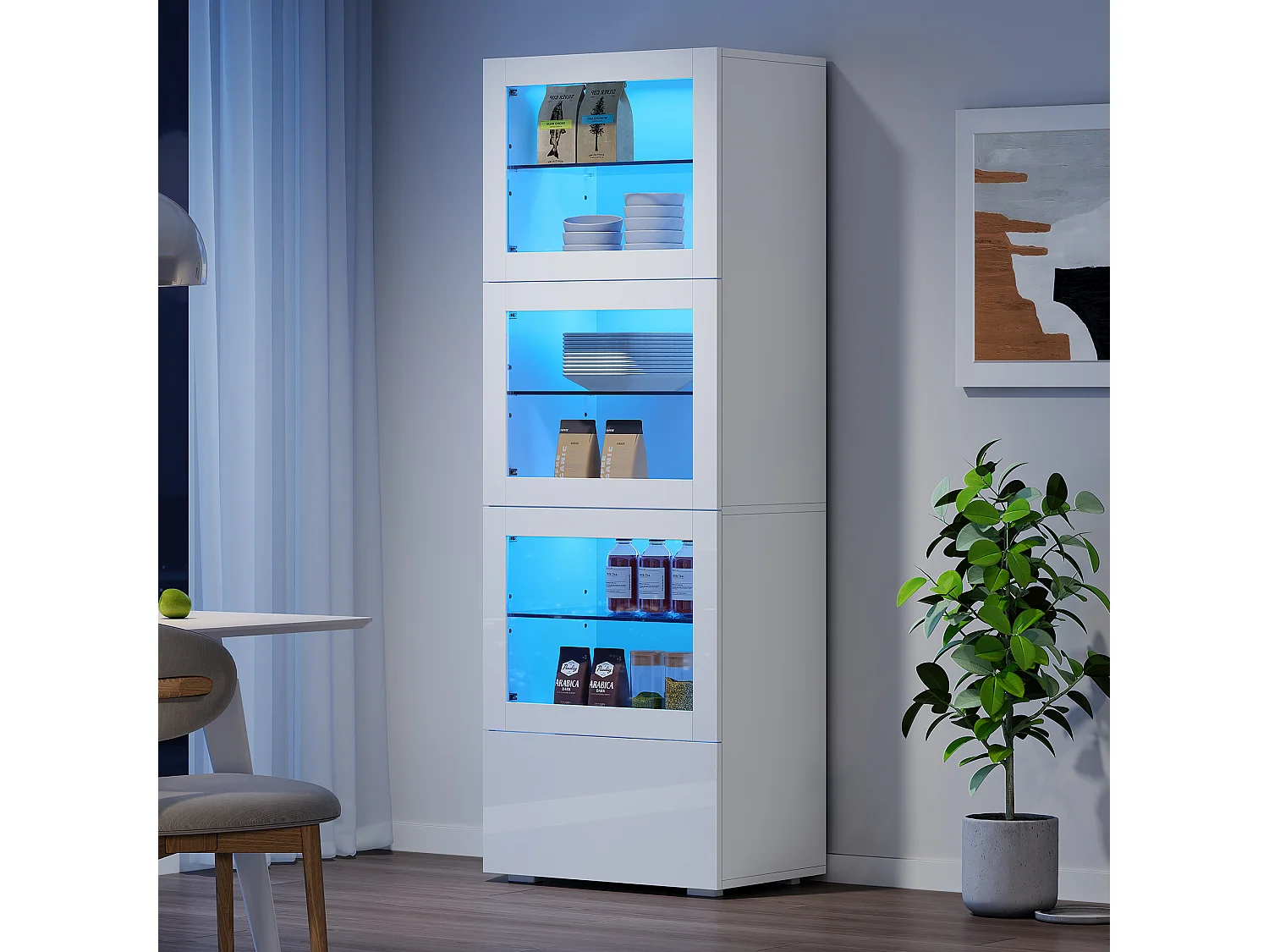 Vitrine blanche avec 3 portes en acrylique, 1 tiroir et éclairage LED, étagère en verre