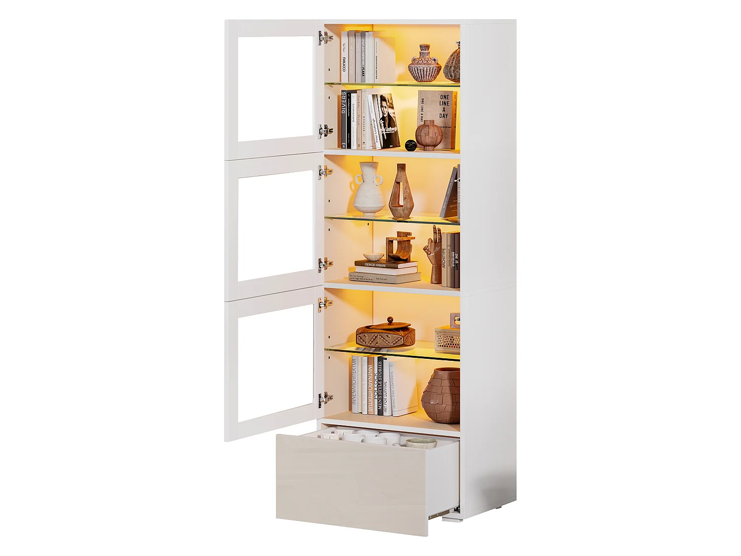 Vitrine blanche avec 3 portes en acrylique, 1 tiroir et éclairage LED, étagère en verre