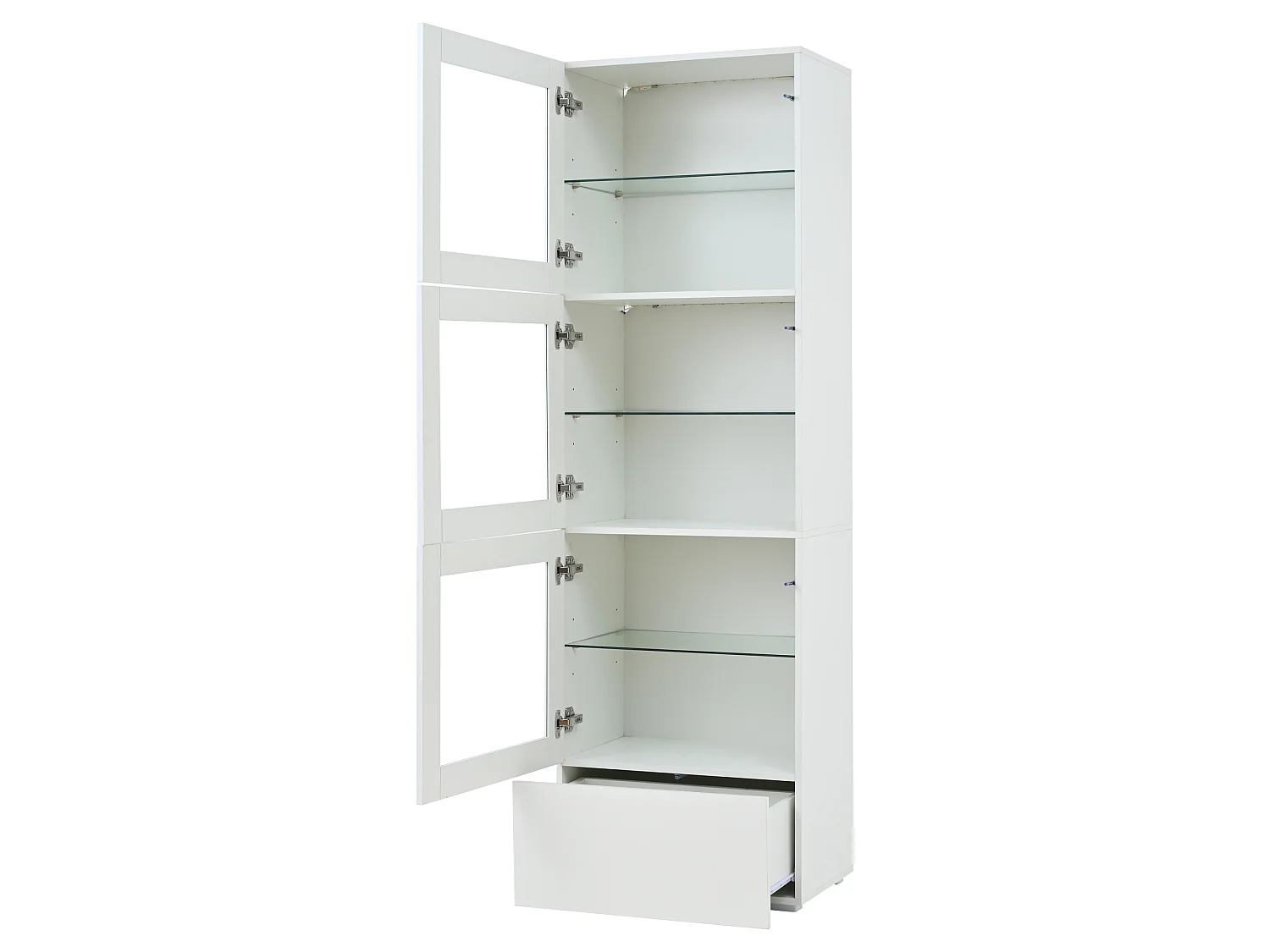 Vitrine blanche avec 3 portes en acrylique, 1 tiroir et éclairage LED, étagère en verre
