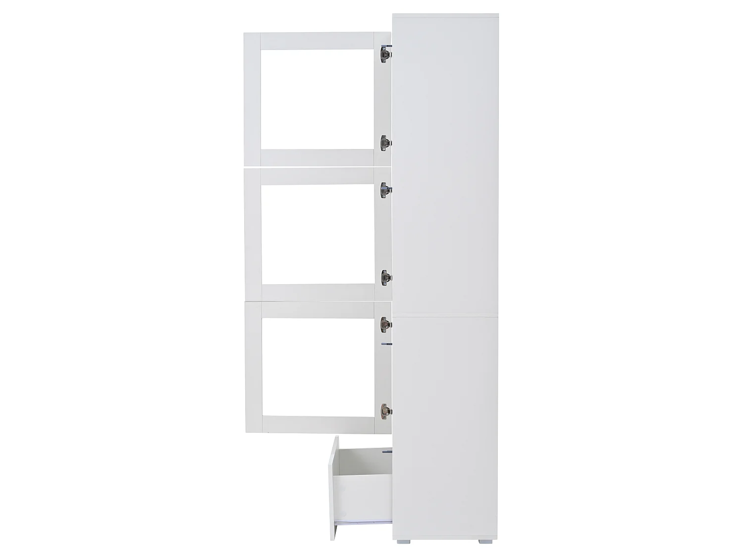 Vitrine blanche avec 3 portes en acrylique, 1 tiroir et éclairage LED, étagère en verre