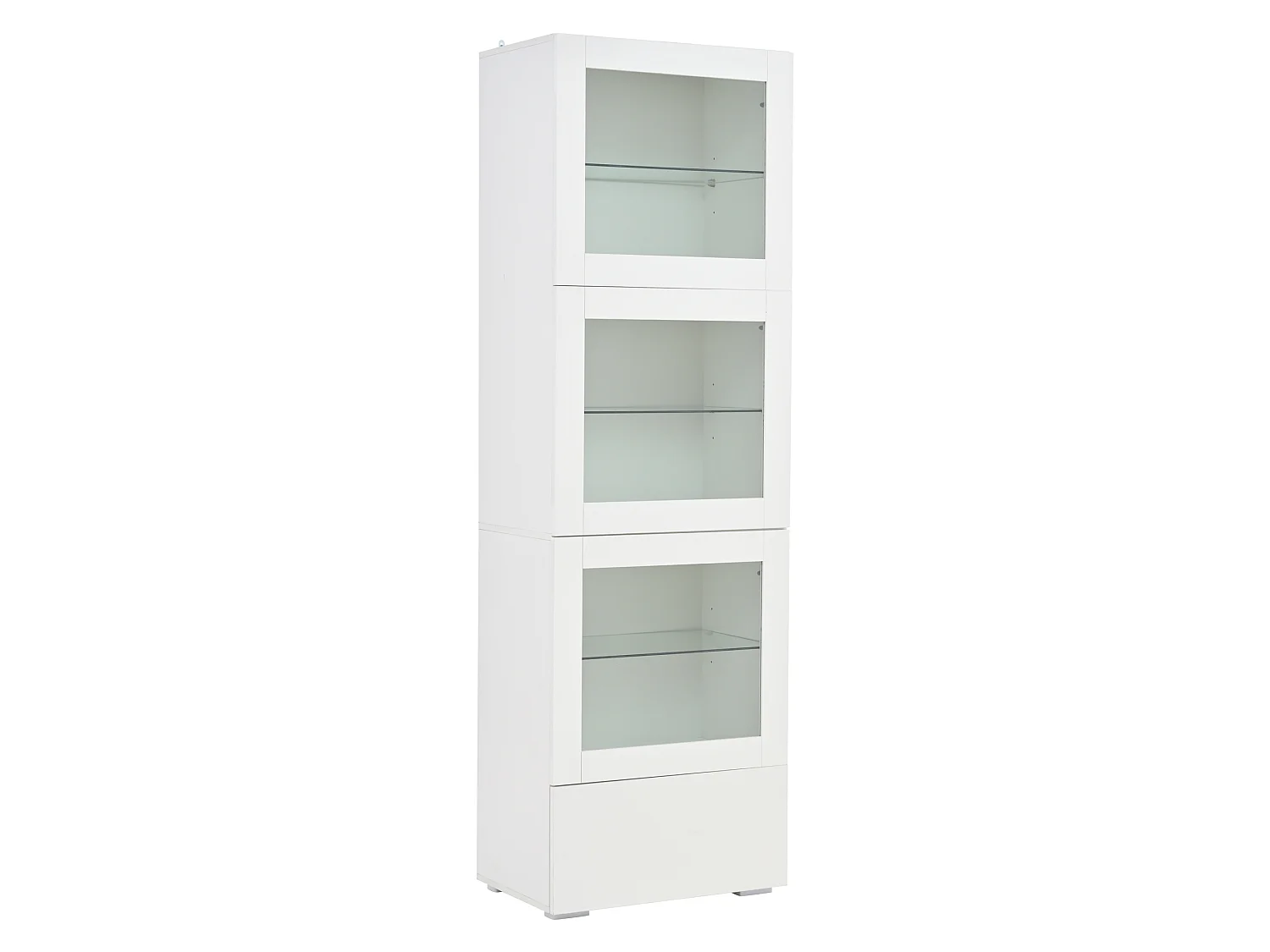 Vitrine blanche avec 3 portes en acrylique, 1 tiroir et éclairage LED, étagère en verre