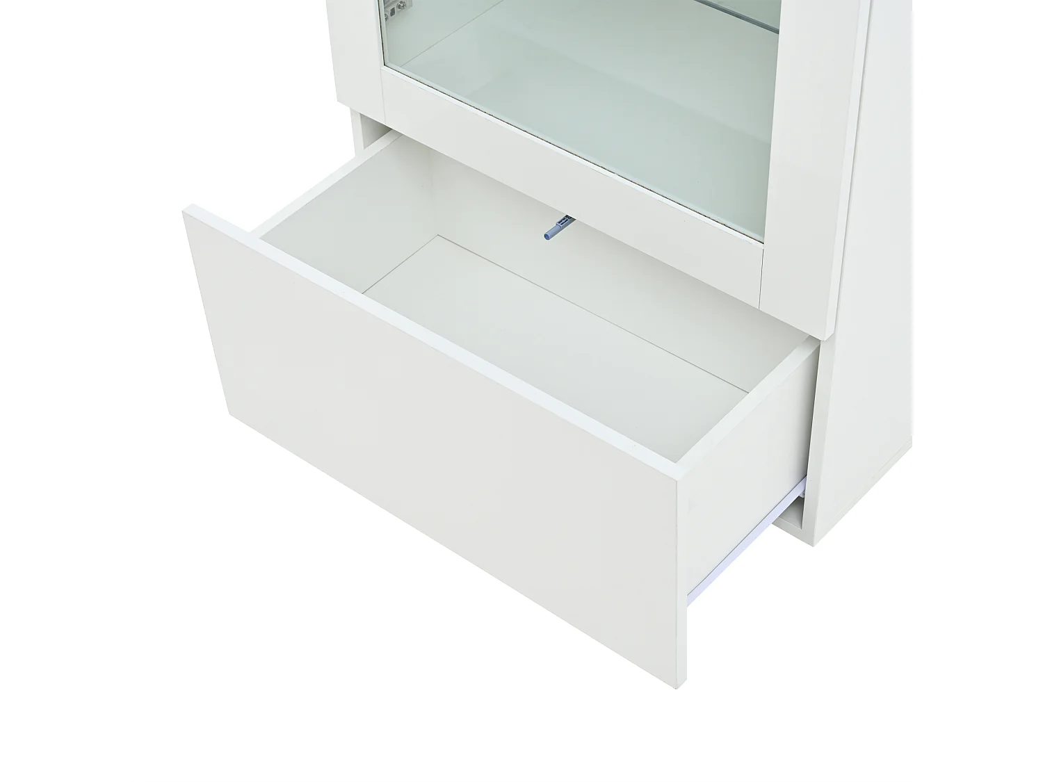 Vitrine blanche avec 3 portes en acrylique, 1 tiroir et éclairage LED, étagère en verre