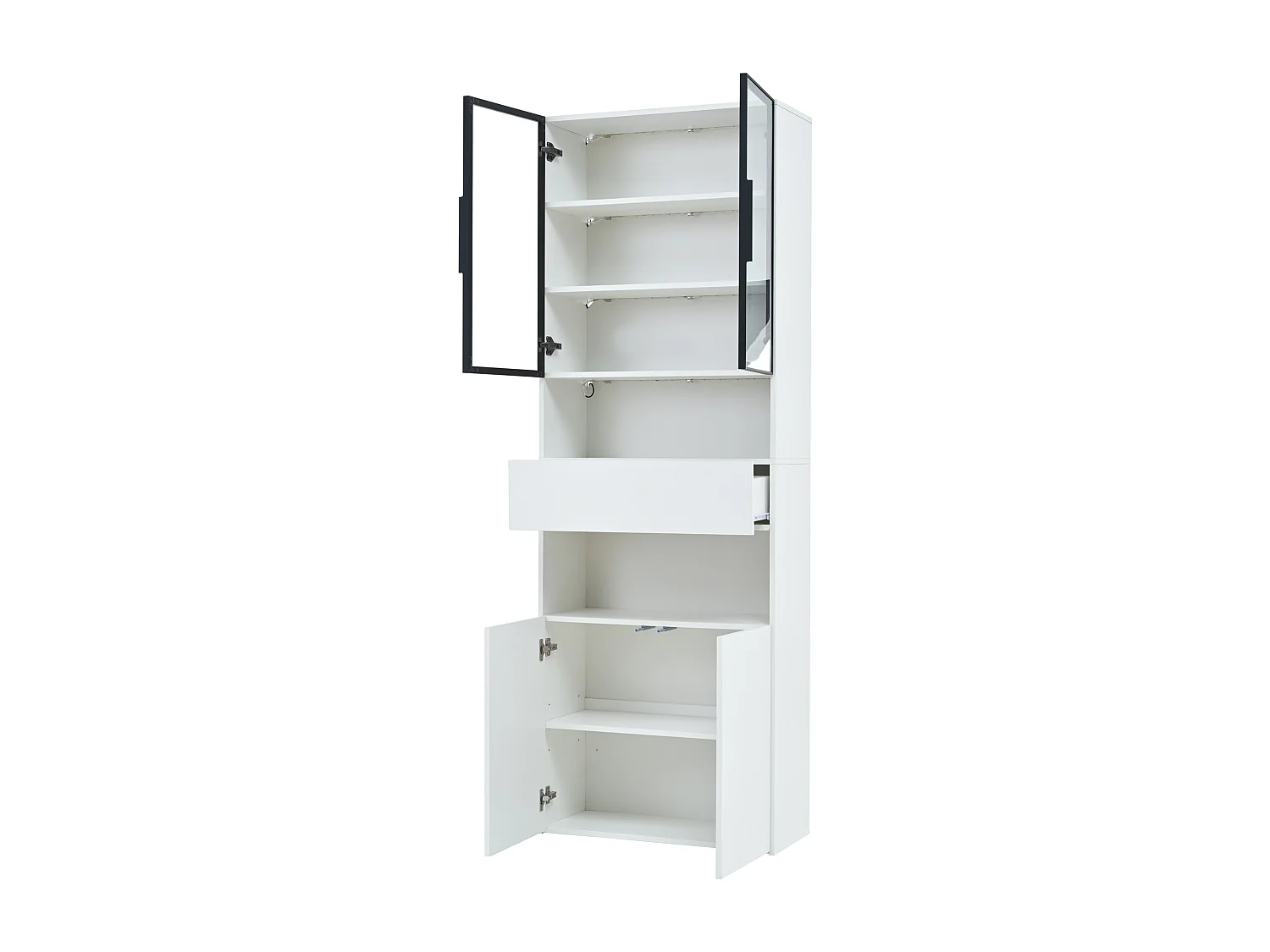 Vitrine blanche avec 2 portes, 2 portes vitrées, tiroir et lumières LED, panneaux de particules