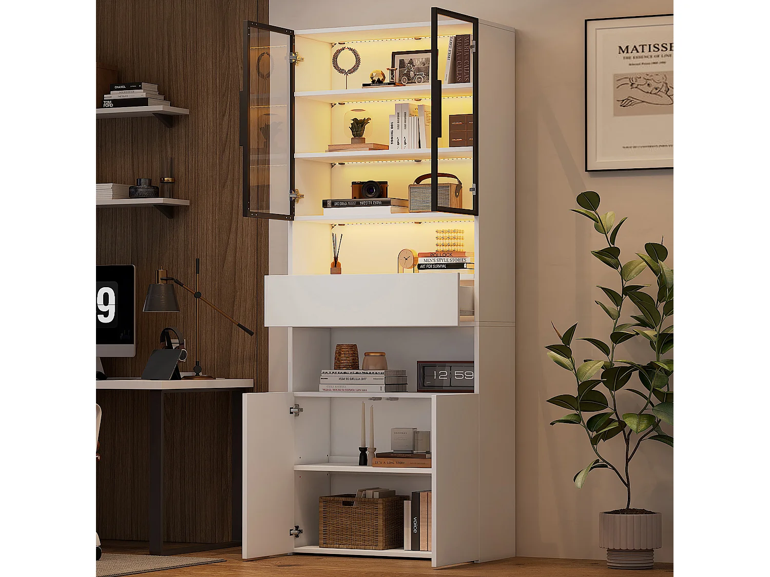 Vitrine blanche avec 2 portes, 2 portes vitrées, tiroir et lumières LED, panneaux de particules