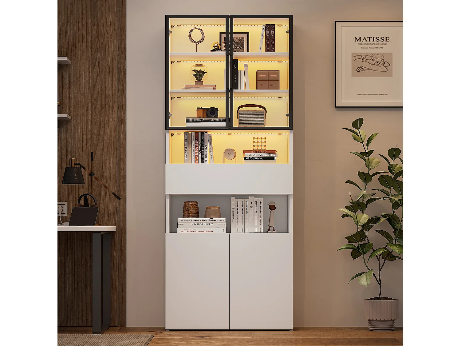 Vitrine blanche avec 2 portes, 2 portes vitrées, tiroir et lumières LED, panneaux de particules
