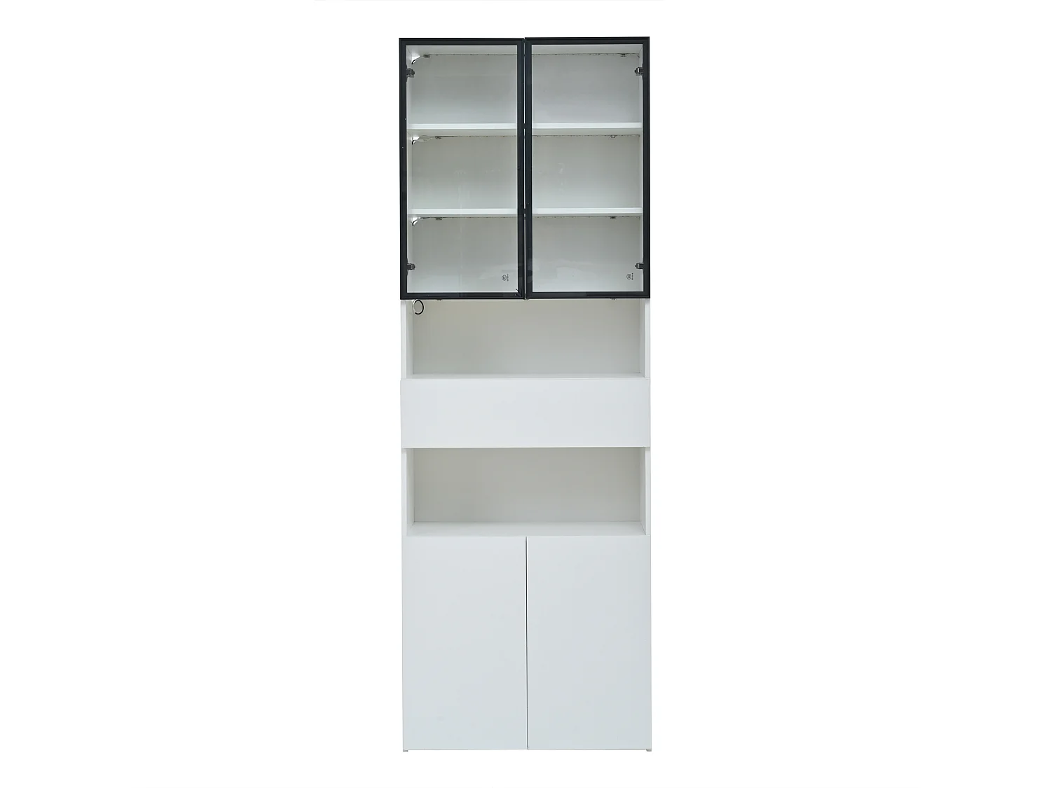 Vitrine blanche avec 2 portes, 2 portes vitrées, tiroir et lumières LED, panneaux de particules