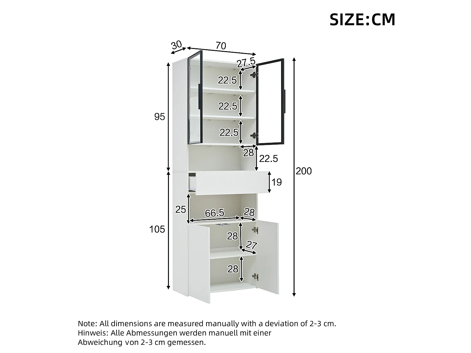 Vitrine blanche avec 2 portes, 2 portes vitrées, tiroir et lumières LED, panneaux de particules