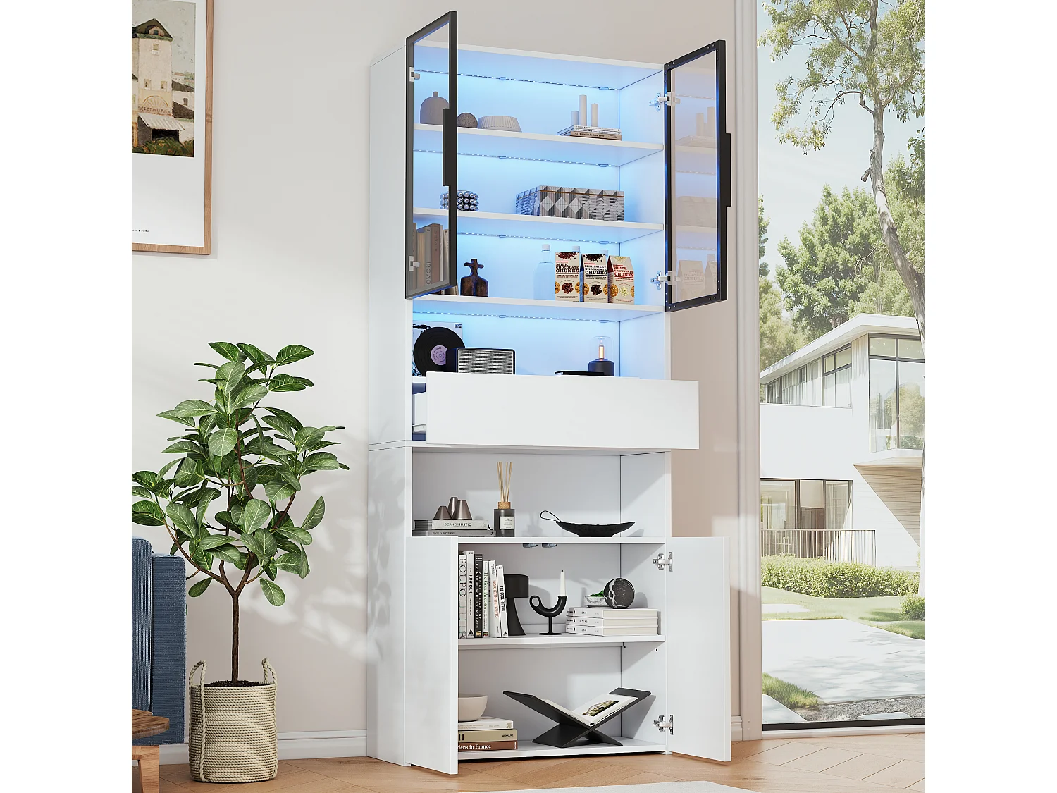Vitrine blanche avec 2 portes, 2 portes vitrées, tiroir et lumières LED, panneaux de particules