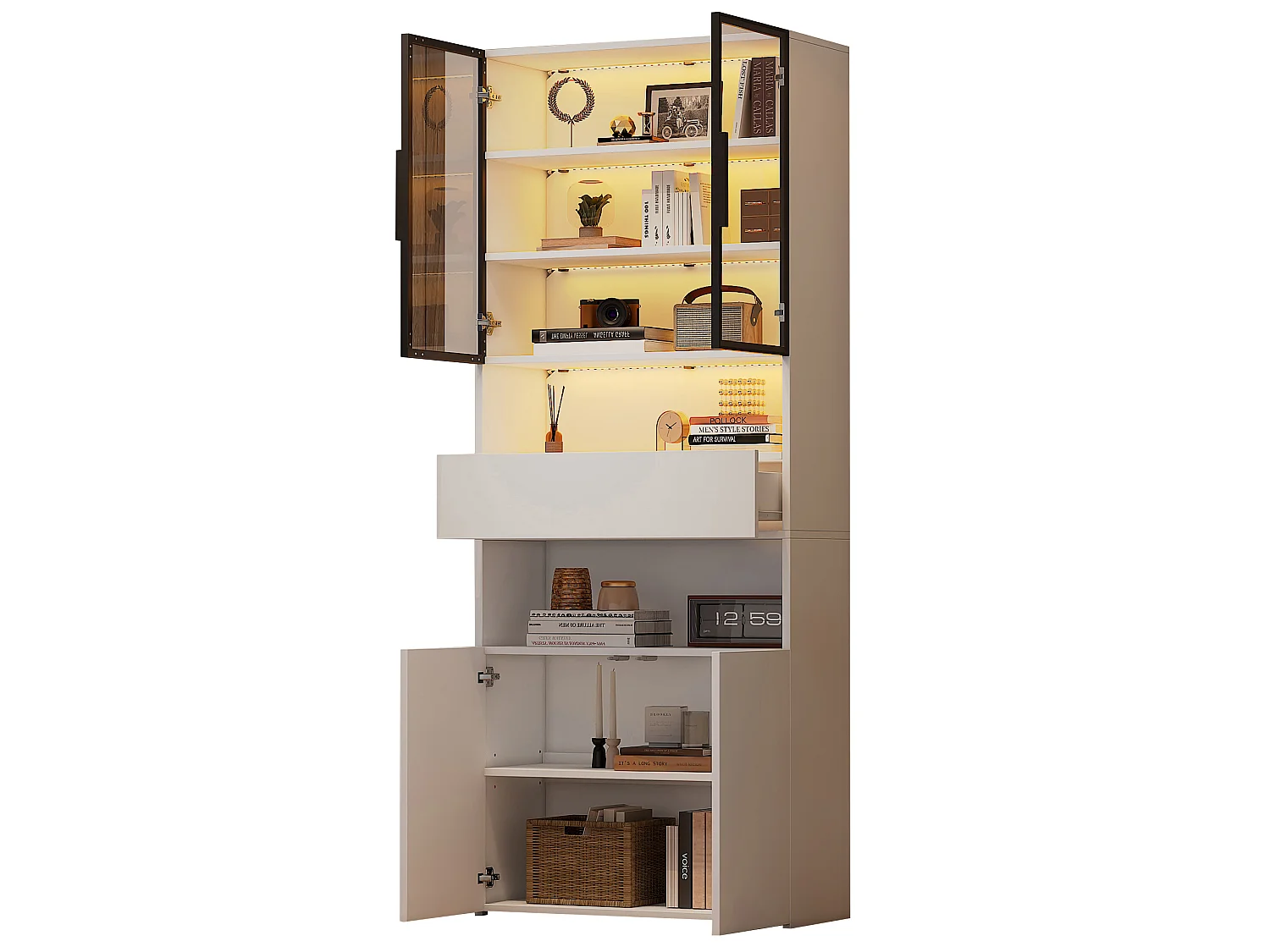 Vitrine blanche avec 2 portes, 2 portes vitrées, tiroir et lumières LED, panneaux de particules
