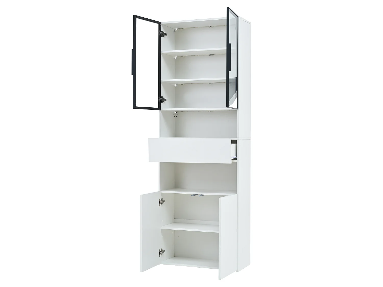 Vitrine blanche avec 2 portes, 2 portes vitrées, tiroir et lumières LED, panneaux de particules