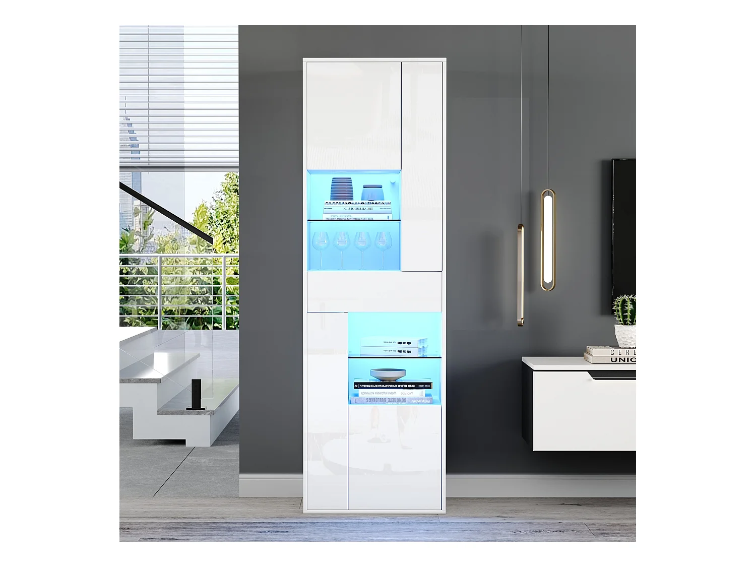 Witte vitrinekast met 1 lade, 4 deuren en LED-verlichting, glazen planken, 55x38x170 cm