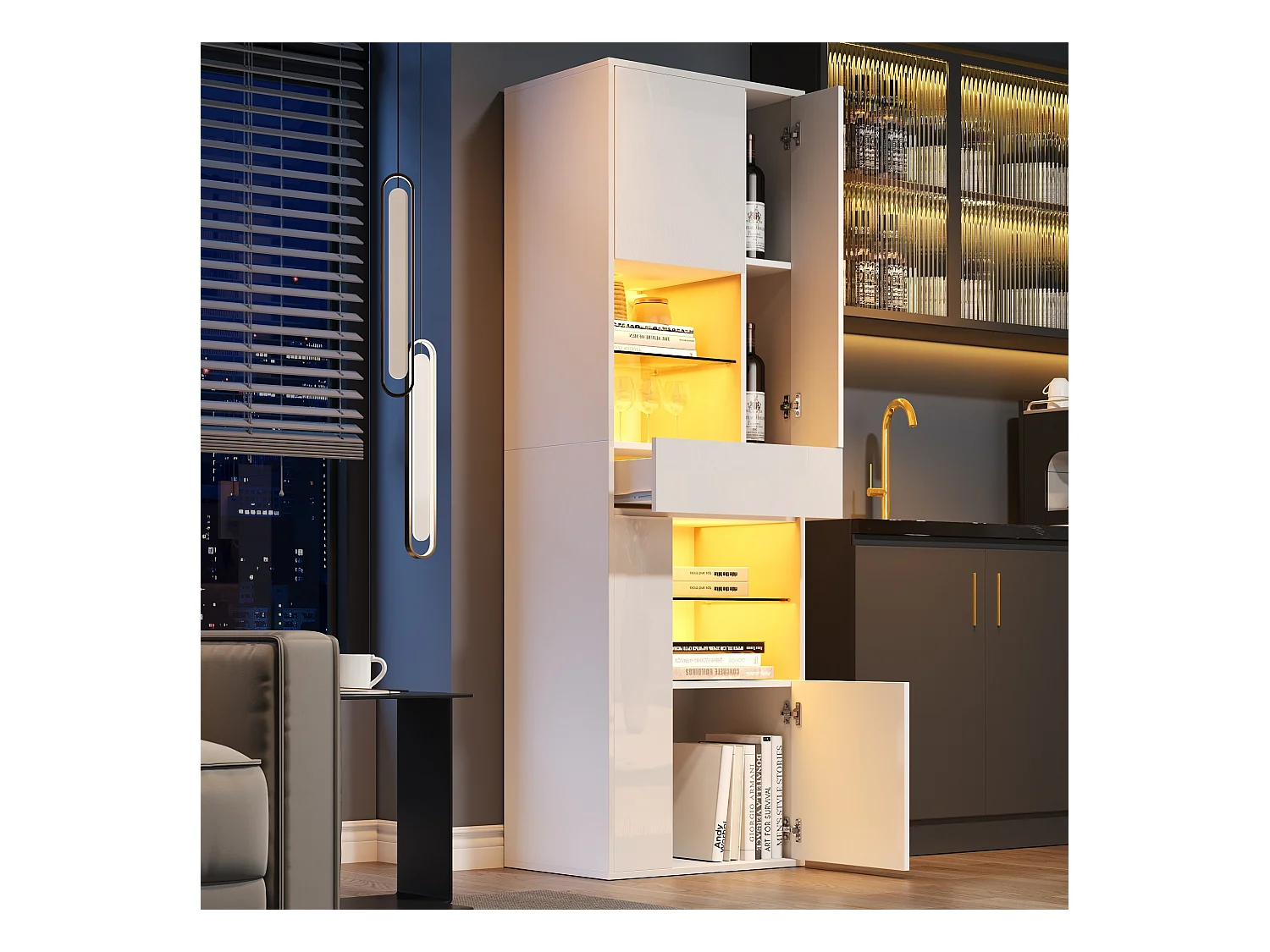 Witte vitrinekast met 1 lade, 4 deuren en LED-verlichting, glazen planken, 55x38x170 cm