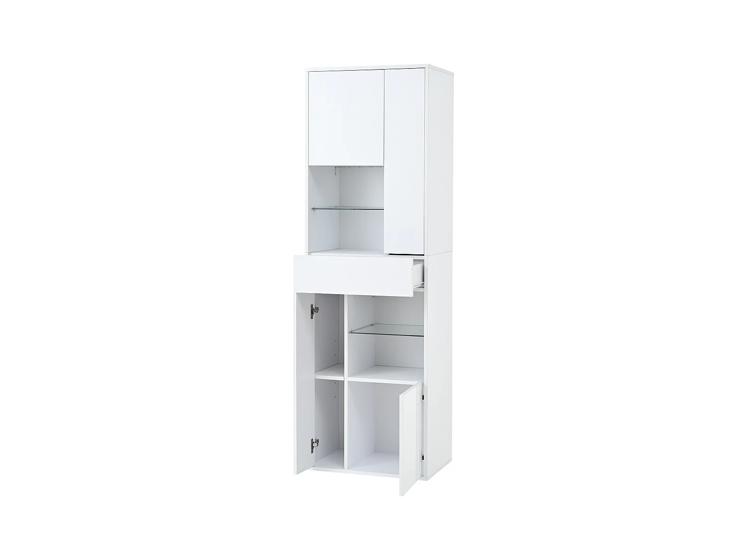 Witte vitrinekast met 1 lade, 4 deuren en LED-verlichting, glazen planken, 55x38x170 cm