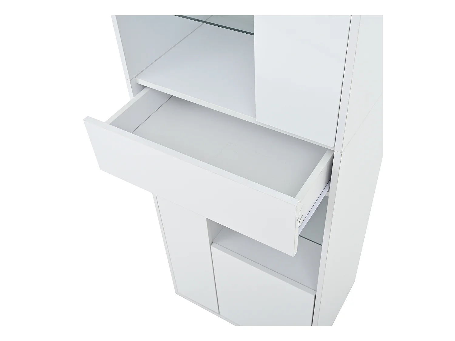 Witte vitrinekast met 1 lade, 4 deuren en LED-verlichting, glazen planken, 55x38x170 cm