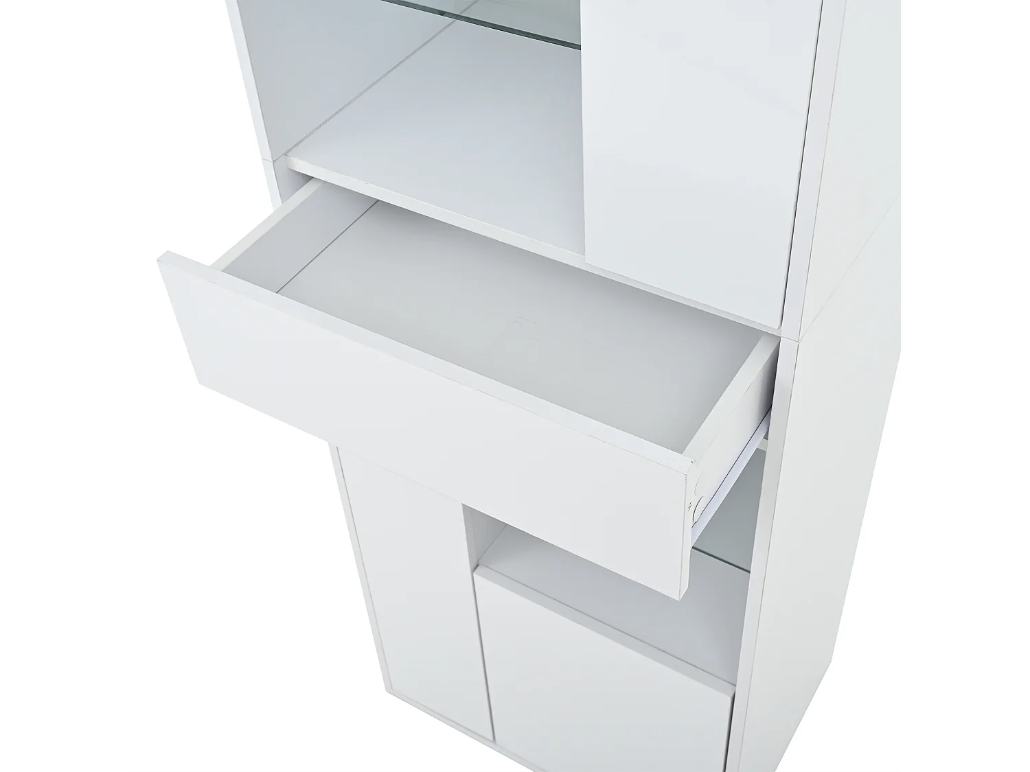 Vitrine blanc avec 1 tiroir, 4 portes et éclairage LED, étagères en verre, 55x38x170 cm