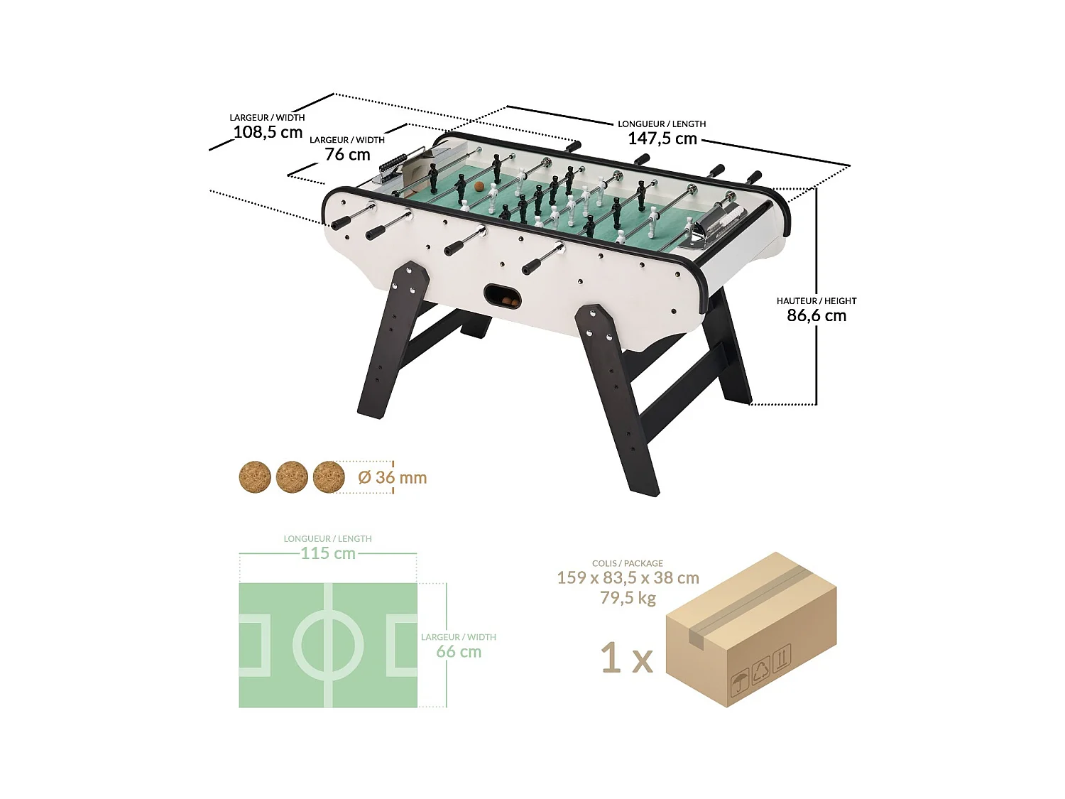 Baby foot en bois pour adulte - Noir et blanc - Gerflex