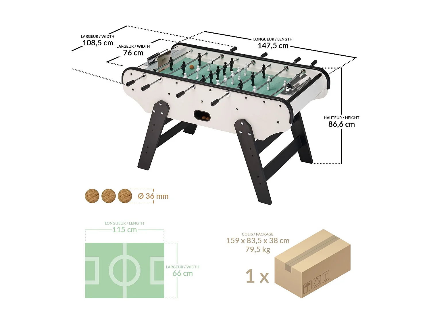 Baby foot en bois pour adulte - Noir et blanc - Gerflex