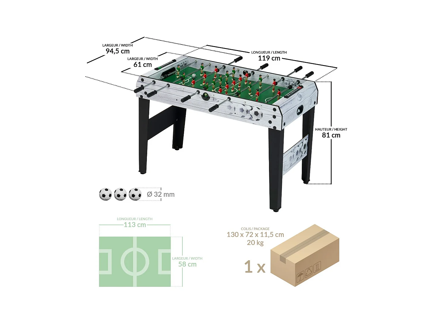 Table de baby-foot d'intérieur enfant - 22 joueurs - 3 balles incluses - 2 à 4 joueurs
