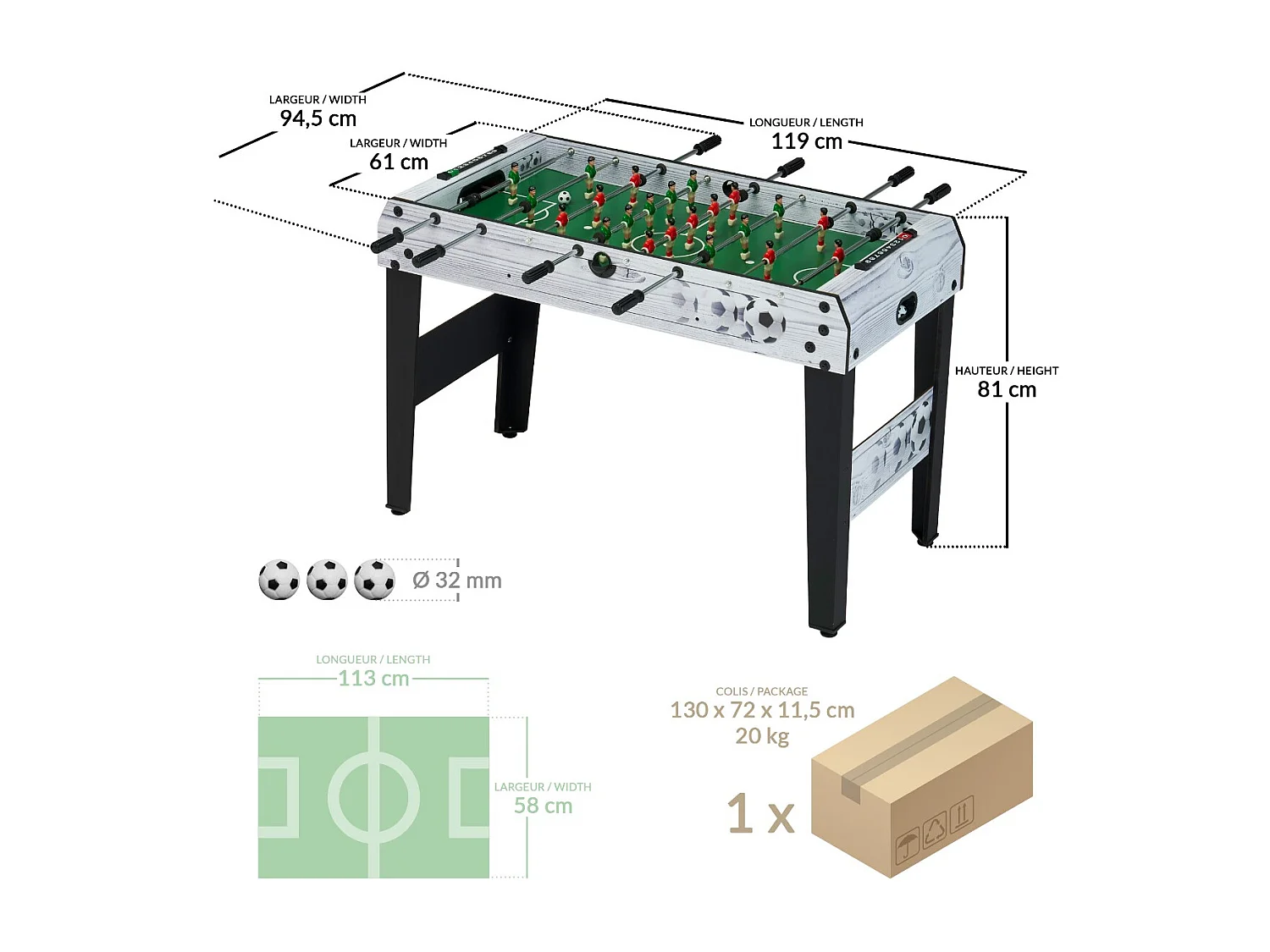 Table de baby-foot d'intérieur enfant - 22 joueurs - 3 balles incluses - 2 à 4 joueurs