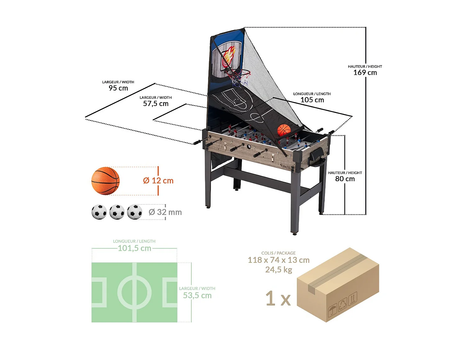 Table de jeux 4 en 1 - Babyfoot barres télescopiques, ping pong, hockey, basket