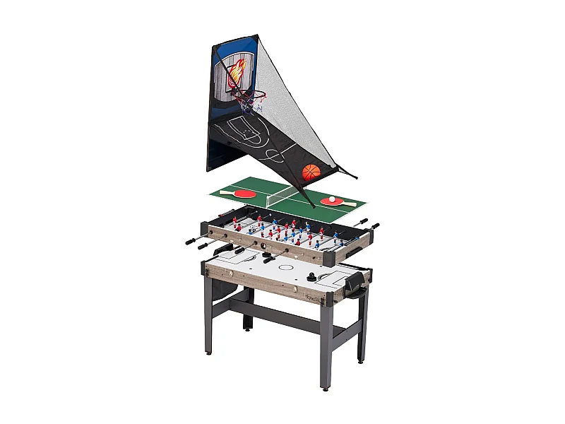 Table de jeux 4 en 1 - Babyfoot barres télescopiques, ping pong, hockey, basket