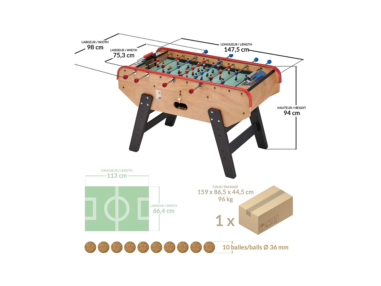Babyfoot adulte luxe en bois style bistrot avec monnayeur - 10 balles liège - 30 jetons fournis