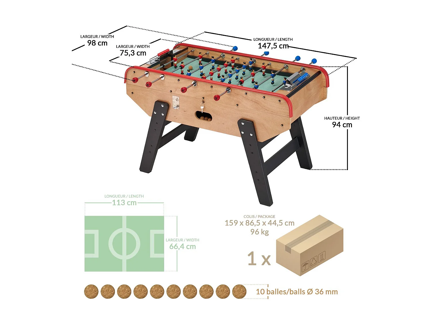 Babyfoot adulte luxe en bois style bistrot avec monnayeur - 10 balles liège - 30 jetons fourni