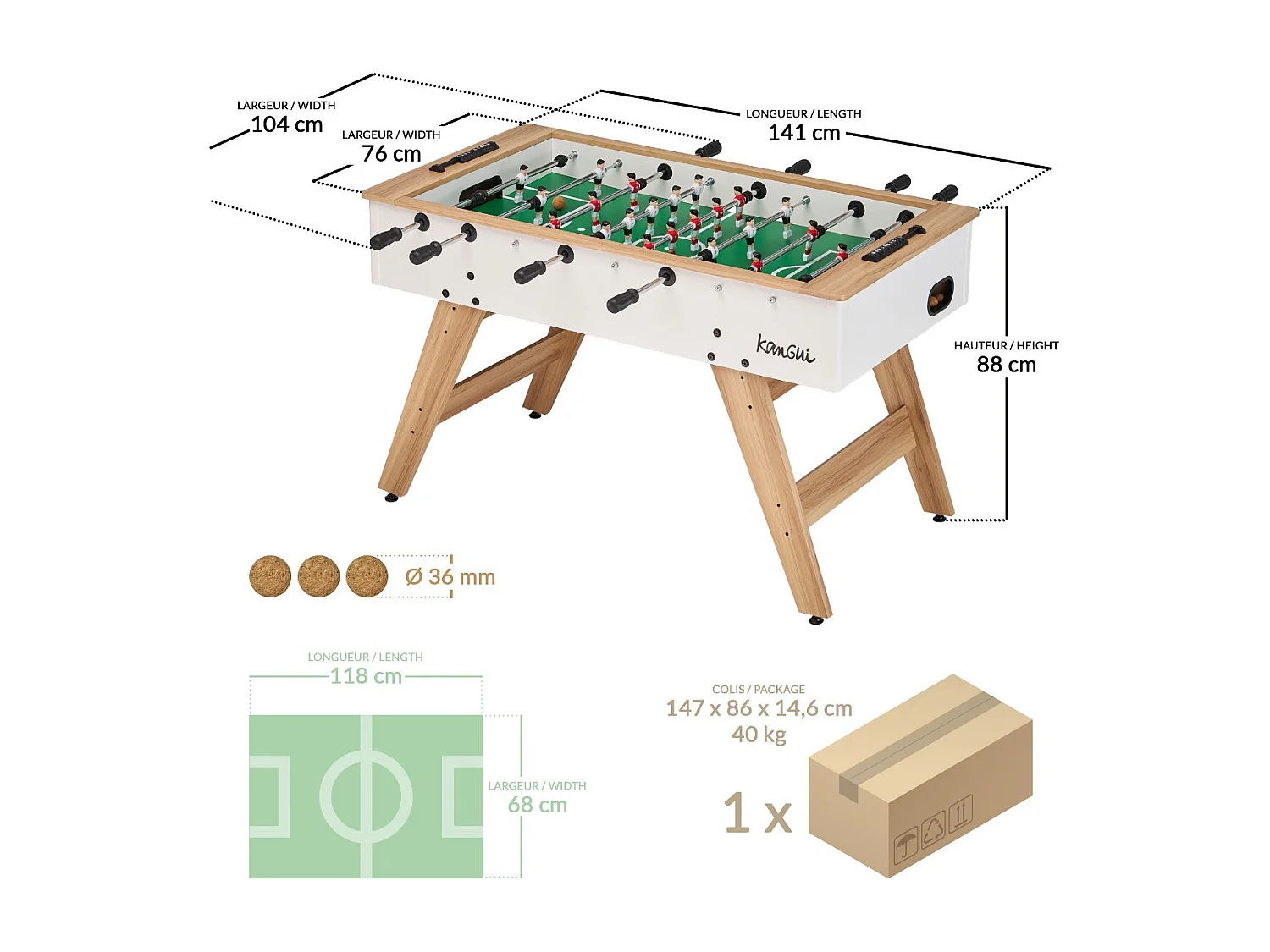 Baby foot ado & adultes - Blanc/bois - 3 balles liège - 2 à 4 joueurs