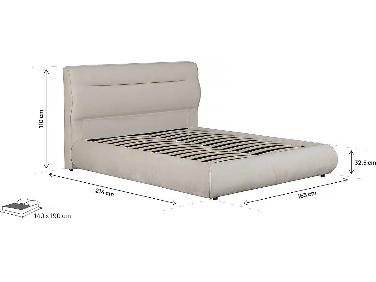 Lit double avec coffre en velours "Chamonix" - 140 x 190 cm - Beige