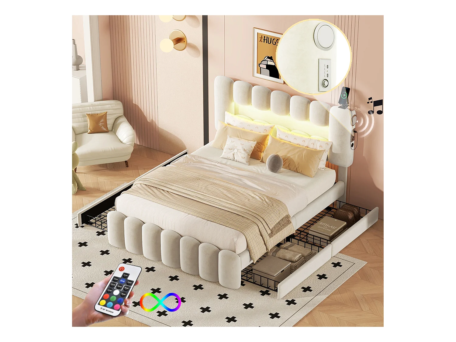 Lit rembourré 140x200 cm avec 4 tiroirs, éclairage LED avec USB et stéréo, tissu beige, design moderne et pratique, rangement intégré