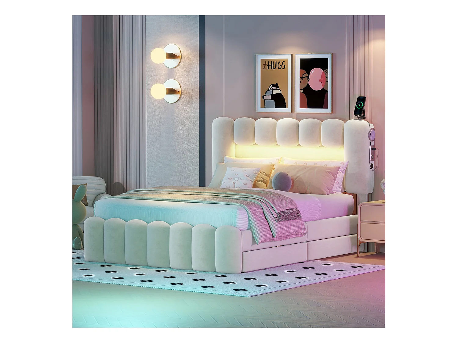 Lit rembourré 140x200 cm avec 4 tiroirs, éclairage LED avec USB et stéréo, tissu beige, design moderne et pratique, rangement intégré