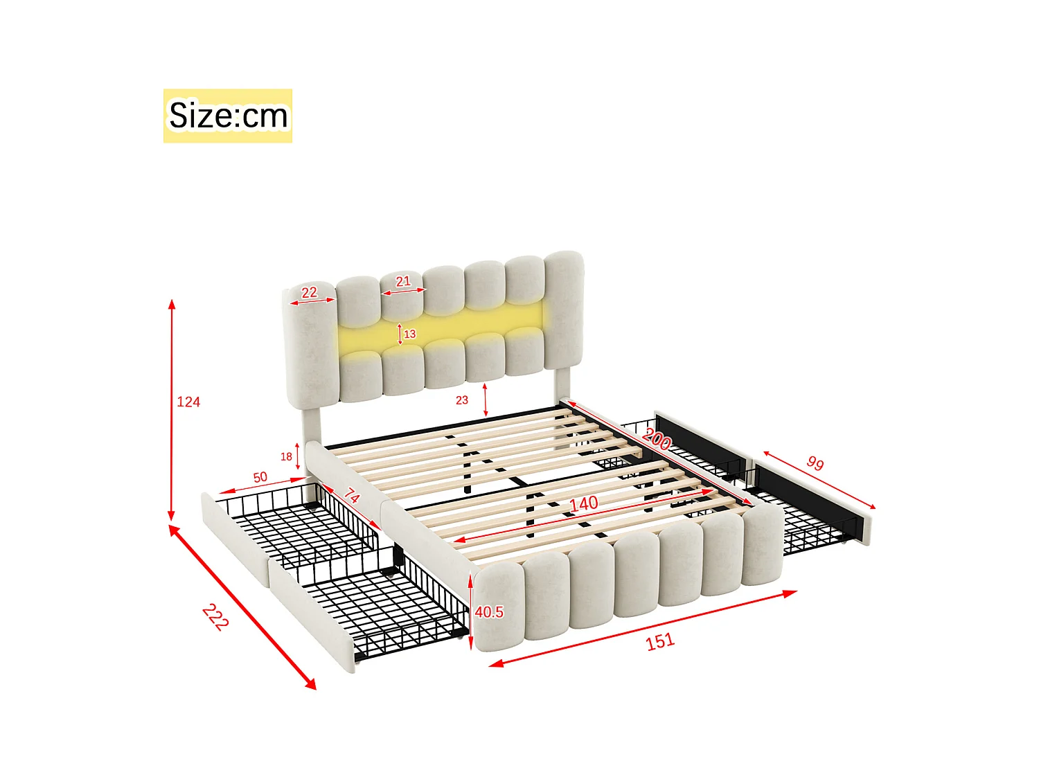 Lit rembourré 140x200 cm avec 4 tiroirs, éclairage LED avec USB et stéréo, tissu beige, design moderne et pratique, rangement intégré