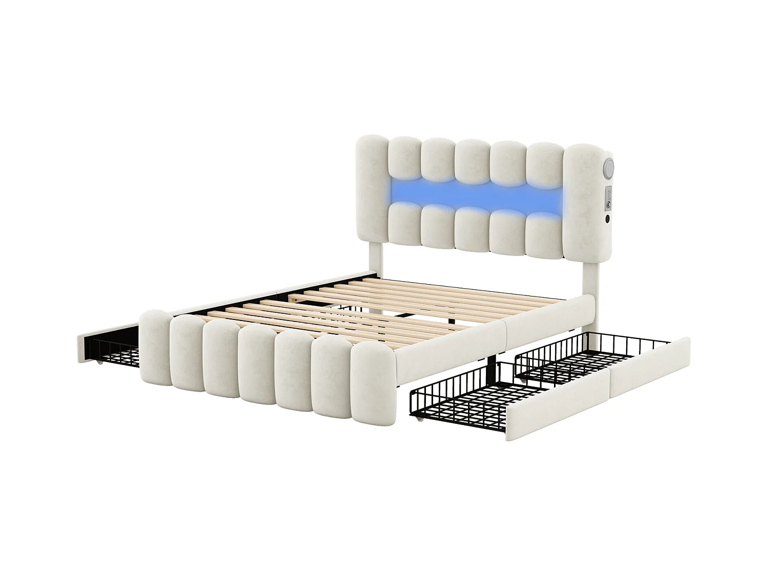 Lit rembourré 140x200 cm avec 4 tiroirs, éclairage LED avec USB et stéréo, tissu beige, design moderne et pratique, rangement intégré