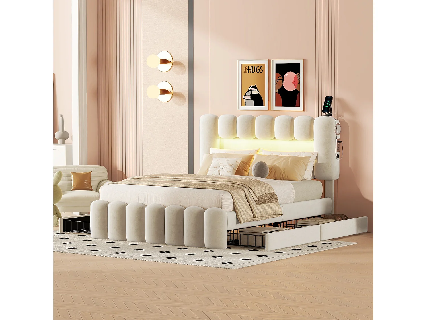 Cama tapizada 140x200 cm con 4 cajones, iluminación LED con USB y equipo de música, tela beige, diseño moderno y práctico, almacenaje integrado
