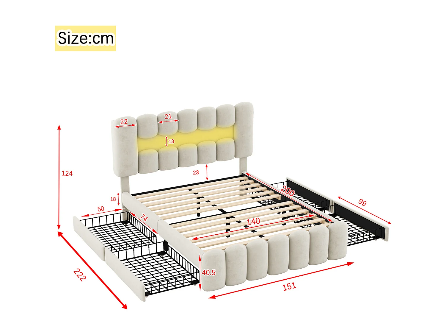 Cama tapizada 140x200 cm con 4 cajones, iluminación LED con USB y equipo de música, tela beige, diseño moderno y práctico, almacenaje integrado