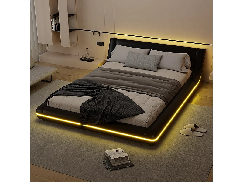 Laag bed 140x200 cm in zwart PU met sfeervolle LED-verlichting, afstandsbediening met 24 toetsen, minimalistisch en praktisch design voor een moderne slaapkamer