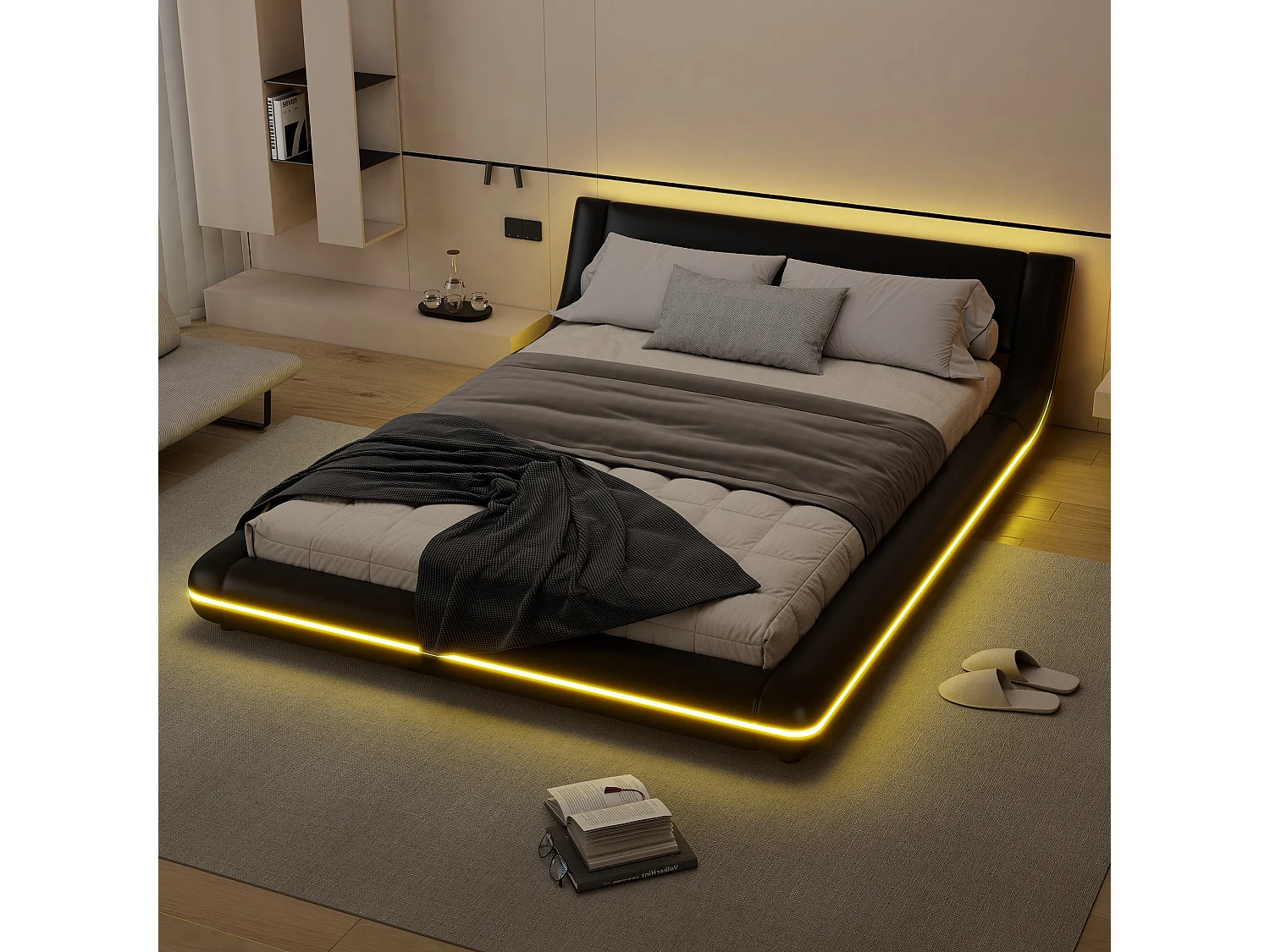 Cama baixa 140x200 cm em PU preto com iluminação LED ambiente, controle remoto de 24 teclas, design minimalista e prático para quarto contemporâneo