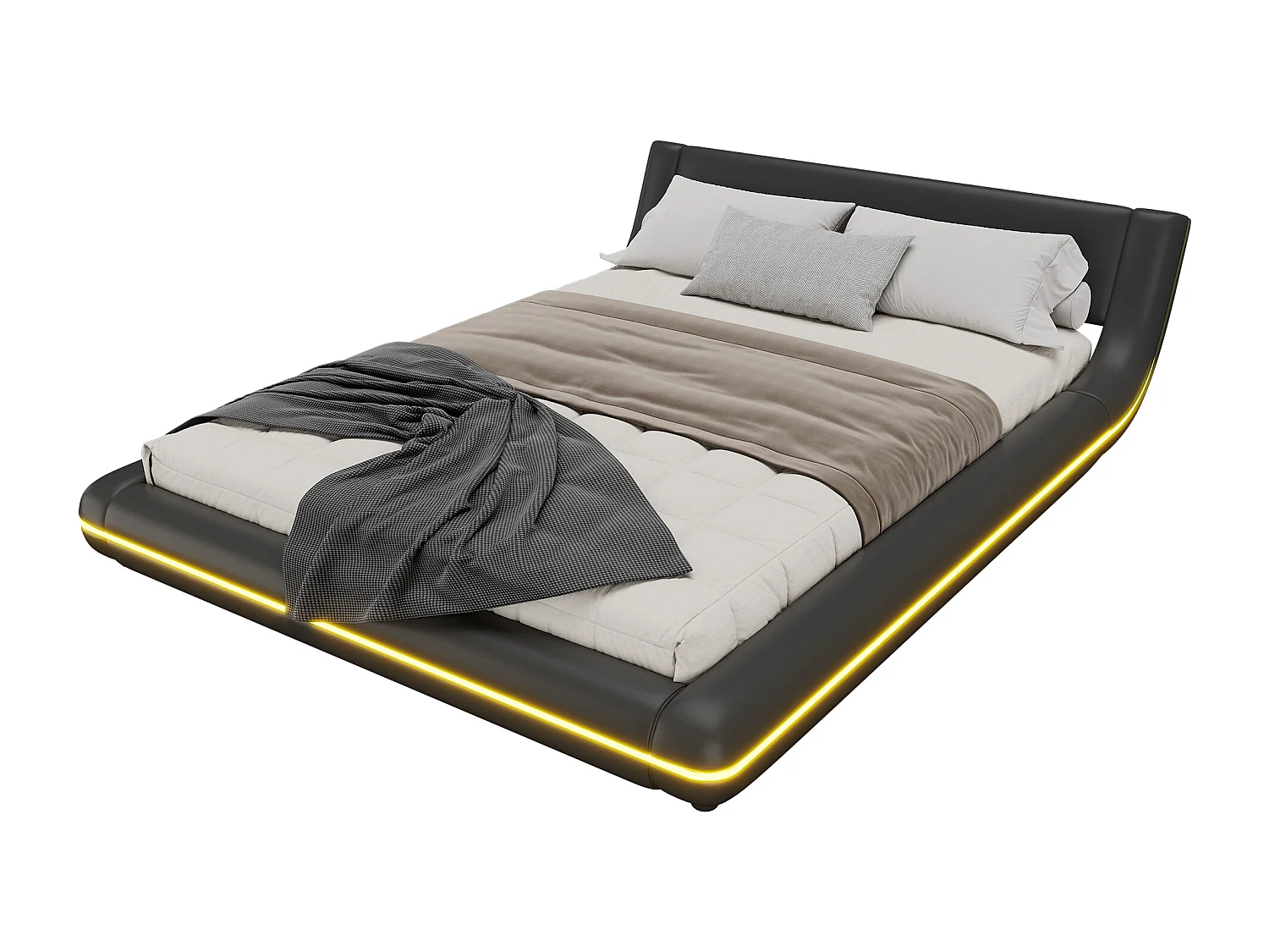 Cama baixa 140x200 cm em PU preto com iluminação LED ambiente, controle remoto de 24 teclas, design minimalista e prático para quarto contemporâneo