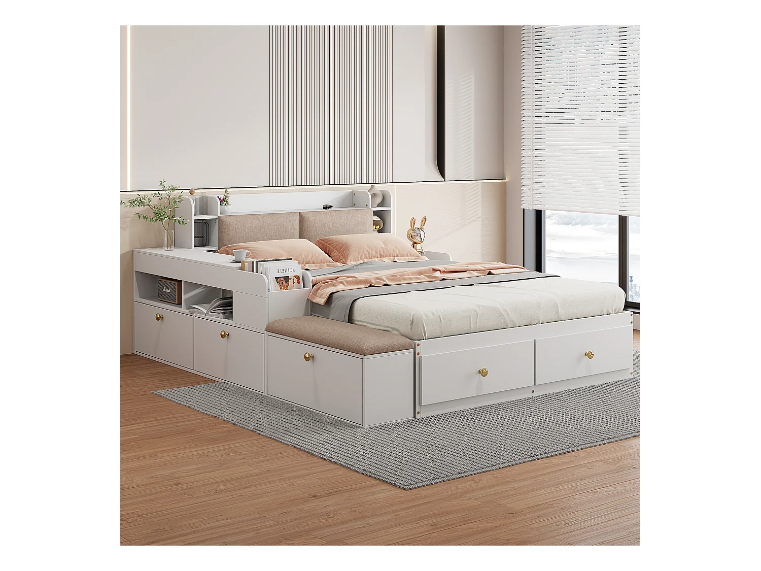 Massivholz-Kombibett 140x200 cm, Kopfteil mit Stauraum, Schubladen, Nachttisch, großer Schrank, Sitzbank, Tatami-Stauraumbett, weiß