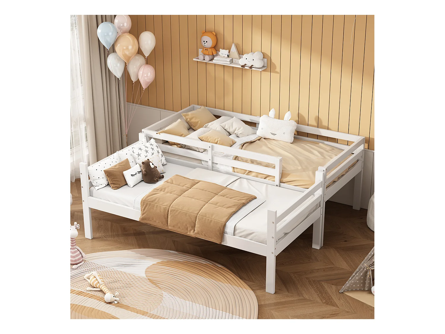 Lit superposé pour enfants, lit avec étagères à chaussures et casiers, lit convertible en 2 lits simples, lit junior/simple, blanc, 90x200 cm