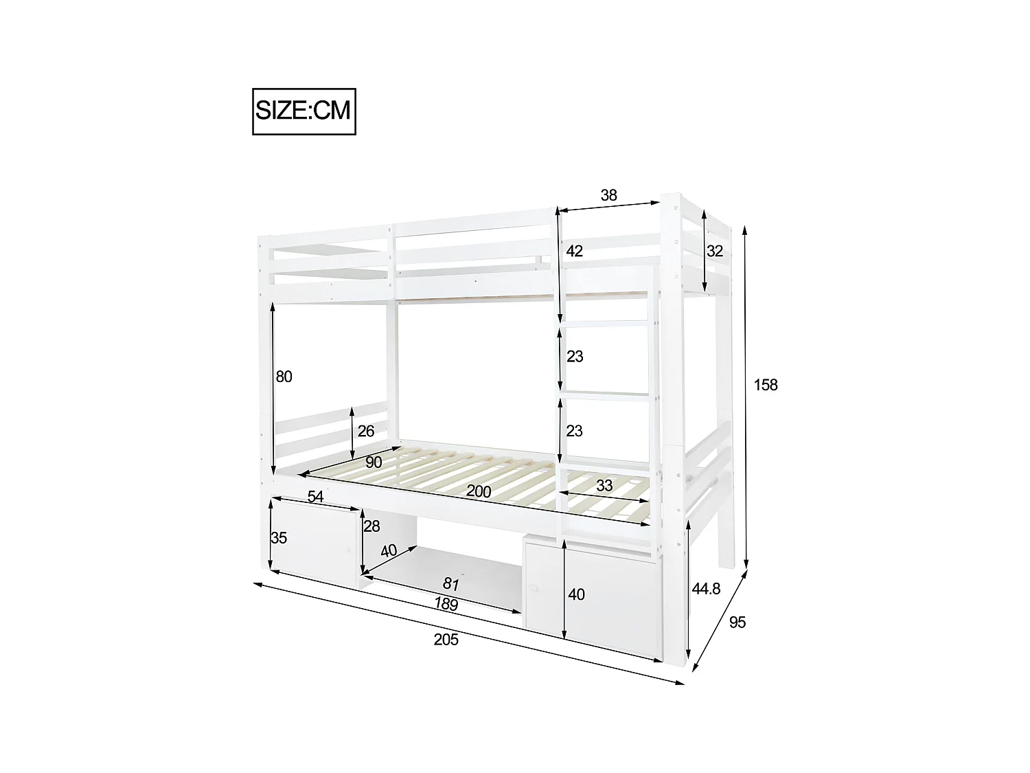 Lit superposé pour enfants, lit avec étagères à chaussures et casiers, lit convertible en 2 lits simples, lit junior/simple, blanc, 90x200 cm