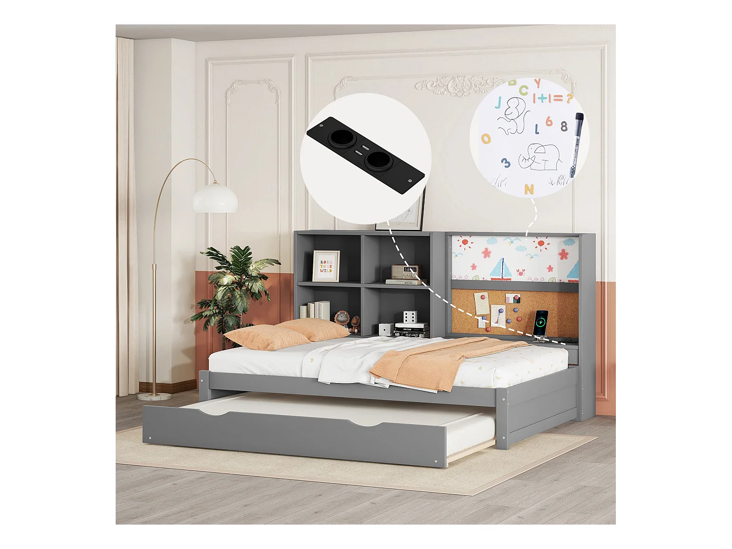 90x200 cm großes Schlafsofa mit Klappbett, USB-Anschluss, Schreibtafel, Stauraum, modernes graues Design.