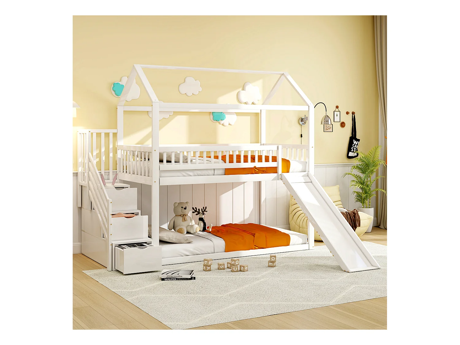 Lit superposé pour enfants 90x200 cm, lit mezzanine avec toboggan et échelle de rangement, haute barrière, cadre en bois massif, blanc