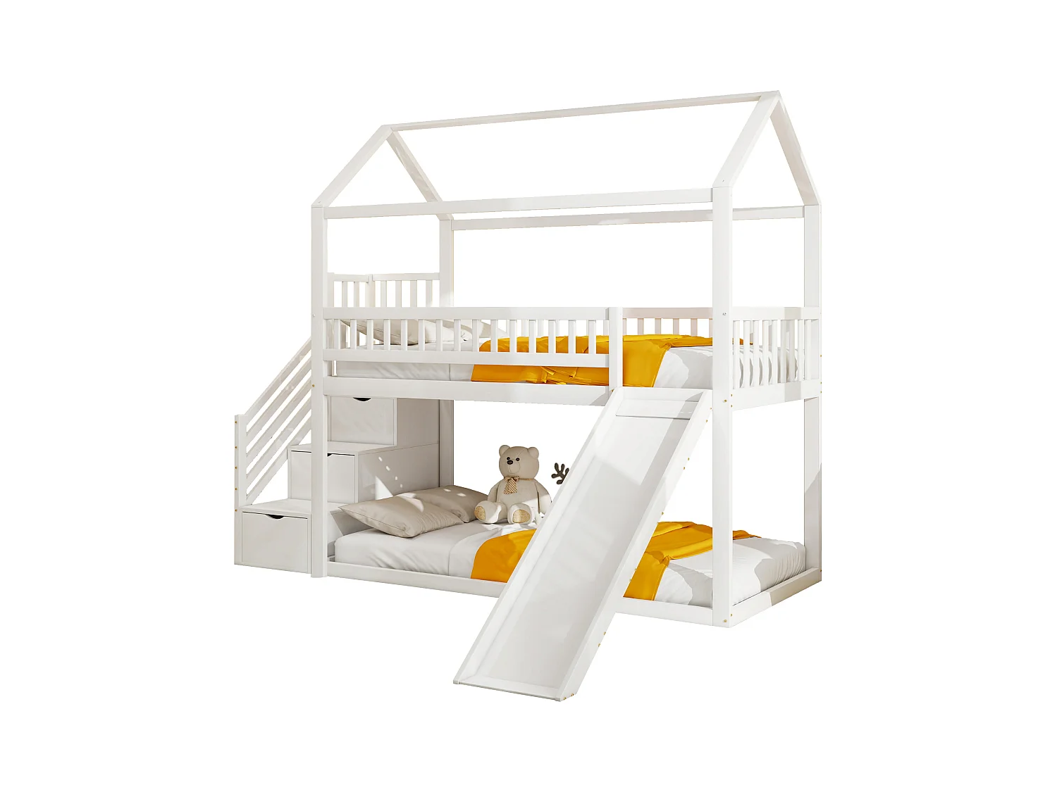 Lit superposé pour enfants 90x200 cm, lit mezzanine avec toboggan et échelle de rangement, haute barrière, cadre en bois massif, blanc